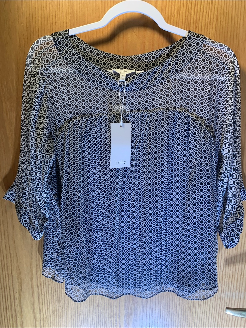 New! Joie 100% Silk Black and White Geometric Sheer Pullover Blouse - Size M